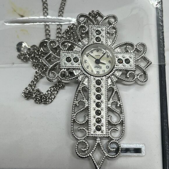 Galaxie By Elgin Cross Pendant Necklace Watch Women Silver Tone In Box Untested main image 11